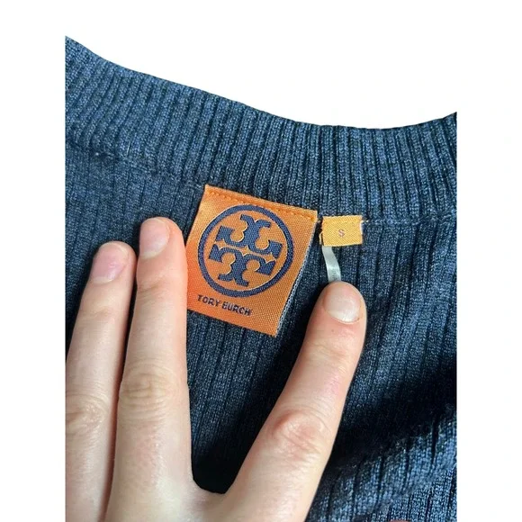 Tory Burch Ribbed Merino Wool Long Sleeve Sweater Crew Neck Navy Blue Size S - Picture 2 of 7